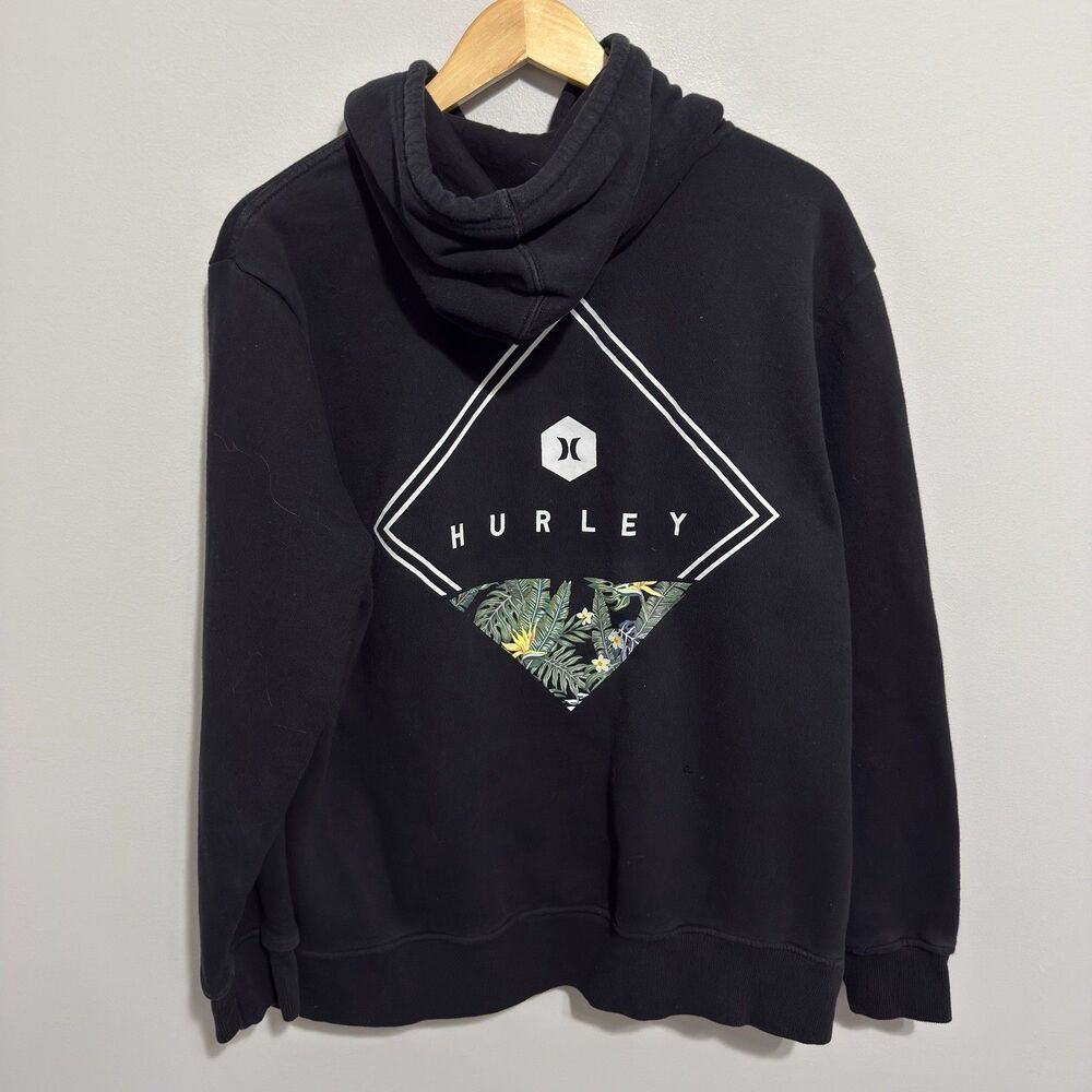 Hurley Hoodie Mens XL Black Pullover Sweatshirt Logo Fleece Kangaroo Pocket